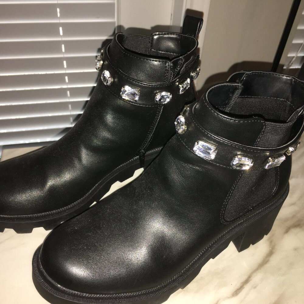 Lug Biker Boots w/ Rhinestone Cuff = Showstopper  8.5  NEW